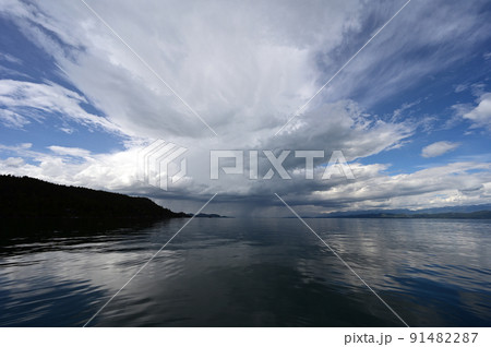 Beautiful dramatic summer cloudscape over Flathead Lake in Montana. 91482287