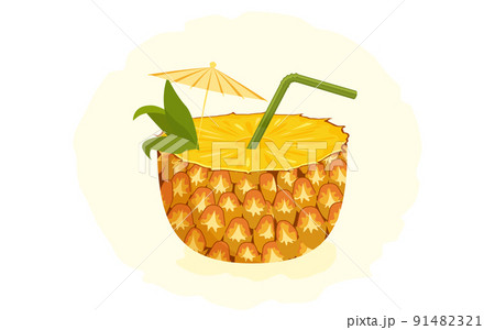 Pineapple cocktail decorated, green straw tube and yellow umbrella Pineapple cocktail decorated, green straw tube and yellow umbrella 91482321