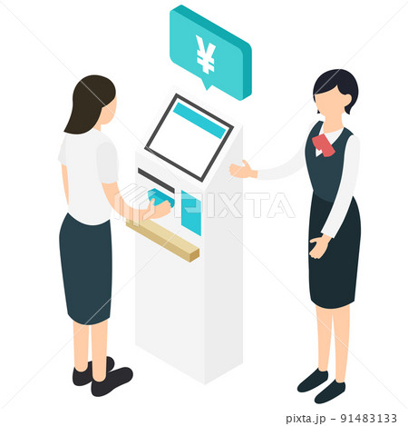 セルフレジを使う女性と事務スタッフ セルフレジを使う女性と事務スタッフ 91483133