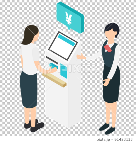セルフレジを使う女性と事務スタッフ セルフレジを使う女性と事務スタッフ 91483133