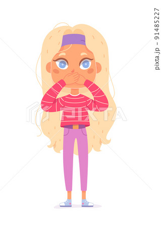 Cute girl covering mouth with hands for silence, wise child with funny secret expression 91485227
