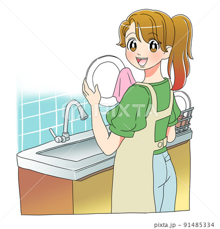 ポニーテールの主婦が台所で皿洗いをしているイラスト 91485334