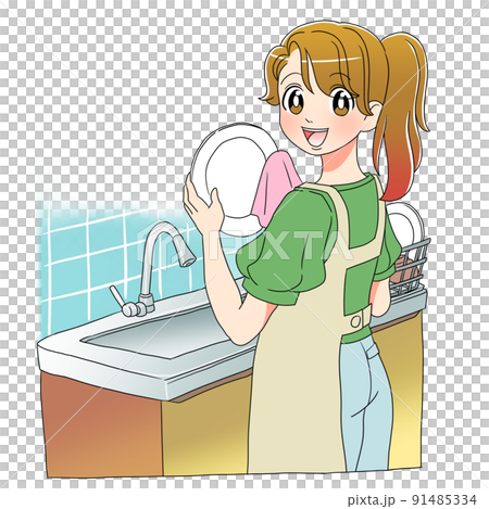 ポニーテールの主婦が台所で皿洗いをしているイラスト 91485334
