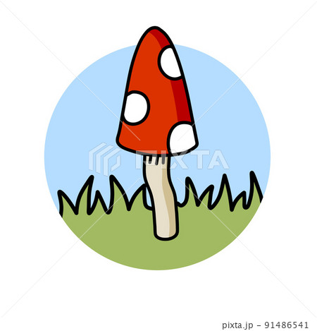 Mushroom logo in a circle with red cap. Fly agaric on the green grass. Natural scenery. 91486541