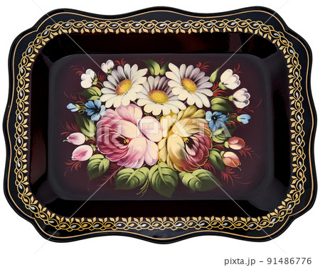 Old decorative russian folk handpainted metal tray with floral color pattern on white. Use for interior design. Old decorative russian folk handpainted metal tray with floral color pattern on white. Use for interior design. 91486776