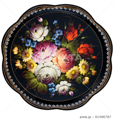 Old decorative russian folk handpainted metal tray with floral color pattern on white. Use for interior design. Old decorative russian folk handpainted metal tray with floral color pattern on white. Use for interior design. 91486787