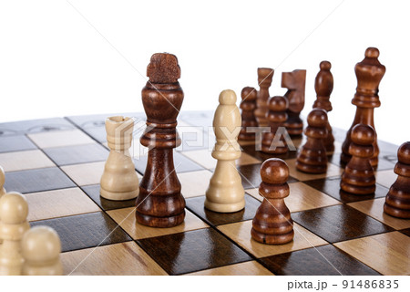 Beige Brown Wooden chess different pieces figures standing on chessboard. Closeup game concept competition, Classic Tournament. 91486835