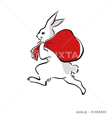 袋を担いで走るウサギの線画イラスト　色付き 91486836