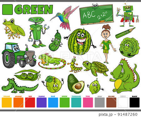 set with cartoon characters and objects in green 91487260
