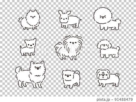 用簡單的手繪線條畫出一隻可愛的狗的黑白插圖 91488479