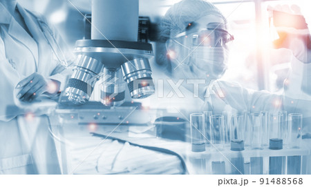 Double exposure microscope Young woman scientific using equipment in the laboratory for research.Biotechnology,development,chemical,study,vaccine,COVID-19. Photo concept experimentation and research. 91488568