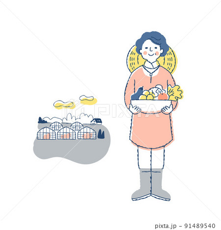 収穫物を持っている農家の女性とビニールハウス 収穫物を持っている農家の女性とビニールハウス 91489540
