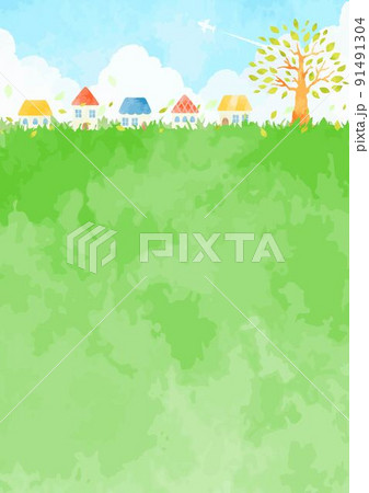 緑がいっぱいの町と青空の風景イラスト 91491304