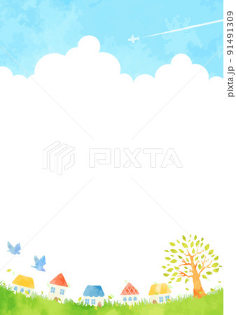 優しい手描きの町と樹木と青空の風景イラストのイラスト素材