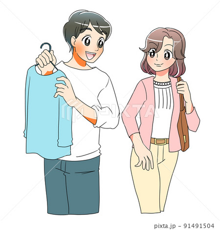 主夫が洗濯をしながら働く女性を見送るイラスト 主夫が洗濯をしながら働く女性を見送るイラスト 91491504