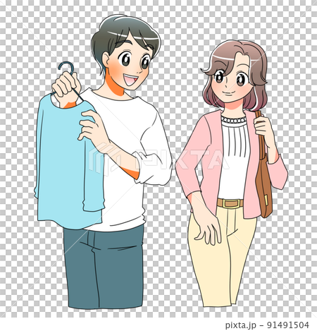 主夫が洗濯をしながら働く女性を見送るイラスト 主夫が洗濯をしながら働く女性を見送るイラスト 91491504