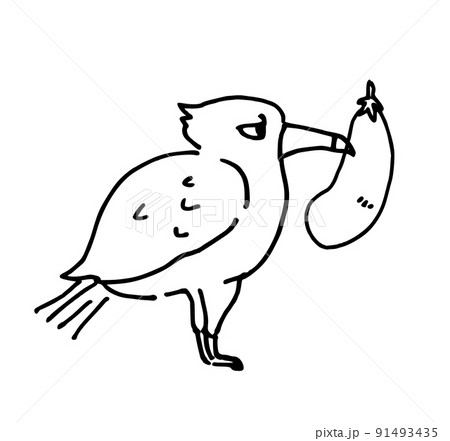 シンプルイラスト　墨絵　ペン画　茄子を咥えた鷹 91493435