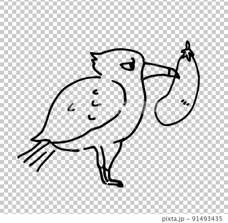 シンプルイラスト　墨絵　ペン画　茄子を咥えた鷹 91493435