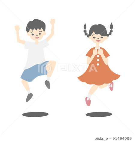 ジャンプをする男の子と女の子（主線なし） 91494009