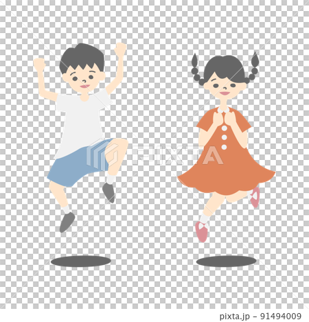 ジャンプをする男の子と女の子（主線なし） 91494009