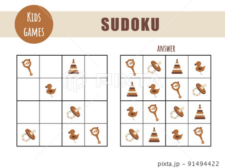 Sudoku for kids. Children activity sheet. Puzzle game with boho baby elements. Education and leisure concept. Vector illustration in flat cartoon style 91494422