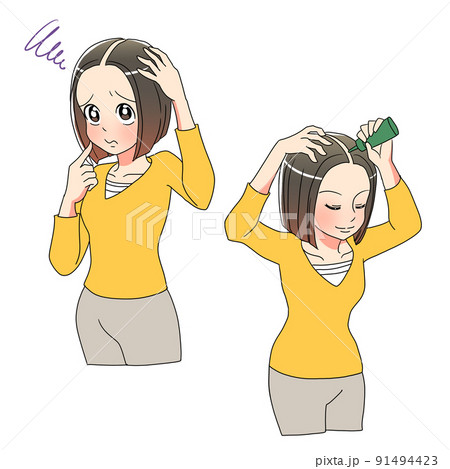 薄毛に悩み女性が育毛剤を使うイラスト 91494423