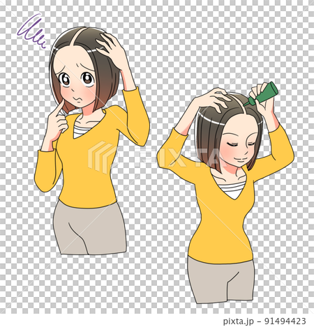 使用頭髮恢復劑患有頭髮稀疏的女性的插圖 91494423