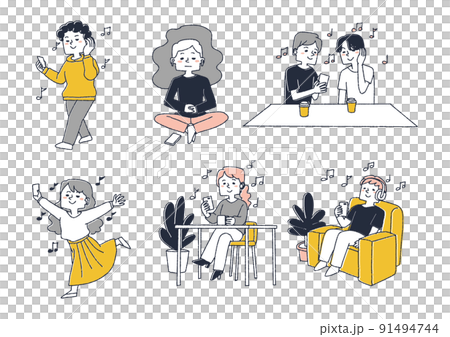 A set of people who enjoy music and bgm on podcasts Comical handwritten material Vector, warm line drawing A set of people who enjoy music and bgm on podcasts Comical handwritten material Vector, warm line drawing 91494744