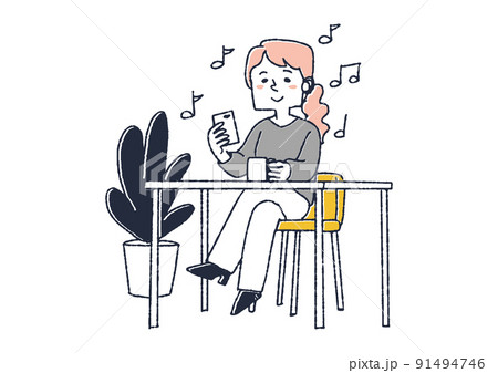 スマホとブルートゥースイヤホンで音楽を聴く女性　ポッドキャストで音楽やbgmを楽しむ人々 91494746