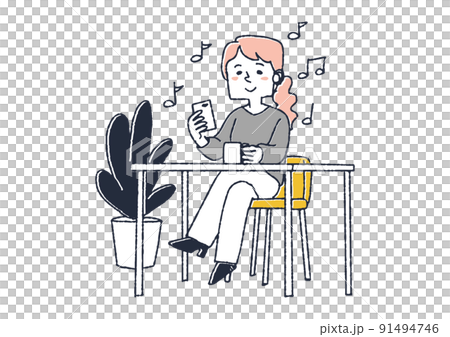 スマホとブルートゥースイヤホンで音楽を聴く女性　ポッドキャストで音楽やbgmを楽しむ人々 91494746