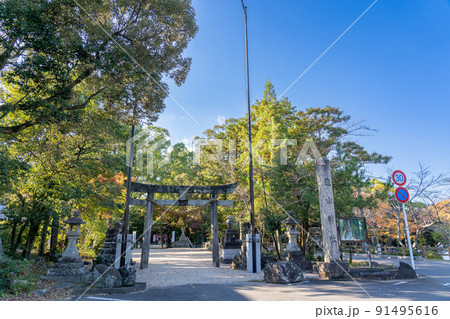 三重県亀山市　紅葉の美しい亀山神社の入り口の石鳥居 91495616