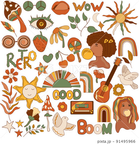 70s groovy element, Colorful girl, sun, flowers, leaves, mushroom, dove bird, retro rainbows and lettering. Vintage hippy style. Vector illustration.. 70s groovy element, Colorful girl, sun, flowers, leaves, mushroom, dove bird, retro rainbows and lettering. Vintage hippy style. Vector illustration.. 91495966