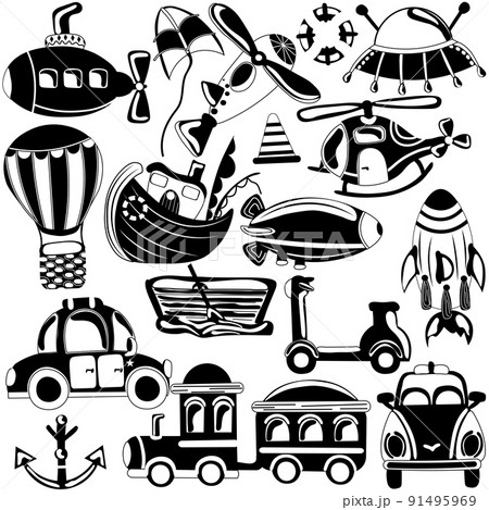 Set black and white of different types of road, air and underwater transport. Car, plane, scooter, spaceship, air ballon, train and more. Vector icon Set black and white of different types of road, air and underwater transport. Car, plane, scooter, spaceship, air ballon, train and more. Vector icon 91495969