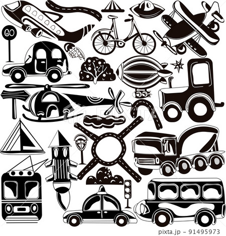 Set black and white of different types of road, air and underwater transport.Police car, plane, cargo automobile, rocket, bicycle, traffic signs and more.Icon ideal for postcards, posters.Vector 91495973
