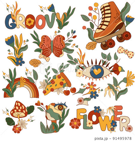 Positive compositions 70s groovy element, rollers skate with flowers and leaves, mushrooms with eye, rainbows, pizza and lettering. Colorful vintage hippy style. Vector illustration. Positive compositions 70s groovy element, rollers skate with flowers and leaves, mushrooms with eye, rainbows, pizza and lettering. Colorful vintage hippy style. Vector illustration. 91495978