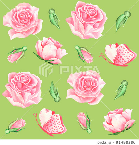 Pattern with pink roses. Watercolor vintage illustration. Isolated on a green background. 91498386
