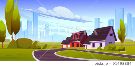 Suburb district with houses, road in summer Suburb district with houses, road in summer 91498884