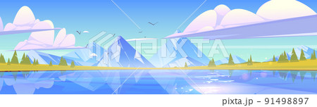 Nature landscape with mountains and blue pond 91498897