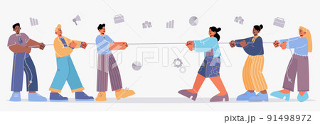 Gender team rivalry, men tug of war with women 91498972