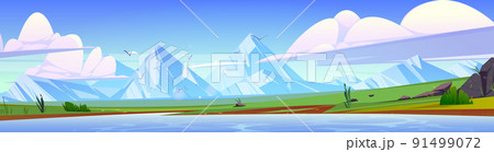 Summer landscape with lake, fields and mountains 91499072
