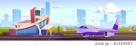 Airport terminal building with tower and airplane Airport terminal building with tower and airplane 91499087