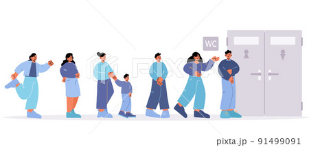 Queue to the toilet. People waiting at WC door Queue to the toilet. People waiting at WC door 91499091