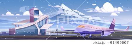 Airport terminal building with tower and airplane Airport terminal building with tower and airplane 91499607