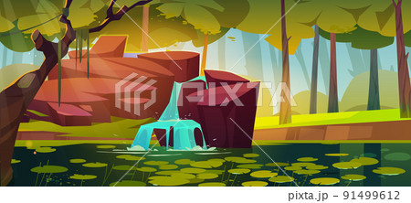 Waterfall at forest swamp with water lilies leaves 91499612