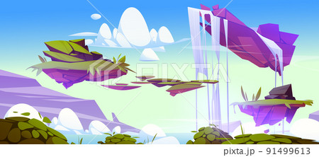 Fantasy summer landscape with floating islands Fantasy summer landscape with floating islands 91499613
