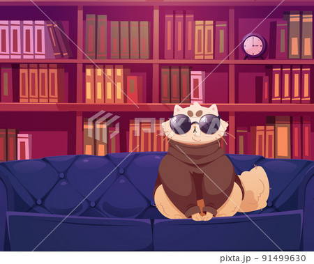 Funny White Cat In Sunglasses And Sweater On Sofaのイラスト素材