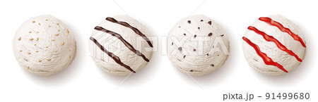 Ice cream ball with sauces or syrup, cookie chips 91499680