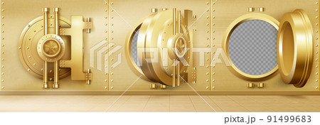 Bank vault with open and closed safe door vector 91499683