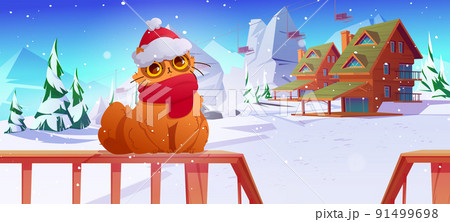 Funny cat in santa hat and scarf, snowy landscape 91499698