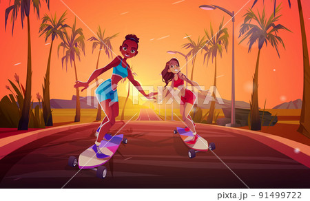 Happy girls riding on skateboard on road, sunset Happy girls riding on skateboard on road, sunset 91499722